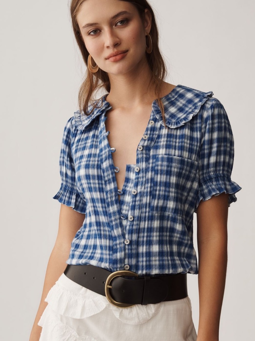 NWT Anthro Keira Blue Plaid Blouse - XS - Picture 2 of 3